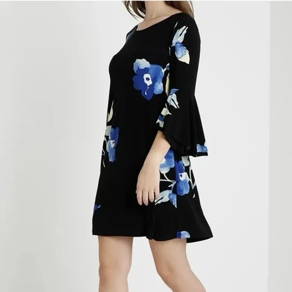 Ralph Lauren Blue Floral Bell‎ Sleeve Stretch Jersey Shift Dress Size 14 - Image 5