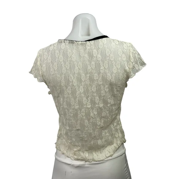 Kimchi Blue Womens White Floral Lace V-neck Short Cap Sleeve Sheer Blouse Top L - Image 3