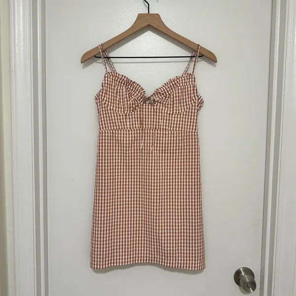 Urban Outfitters‎ | Orange White Plaid Gingham Tie Front Mini Dress, Size M - Image 2