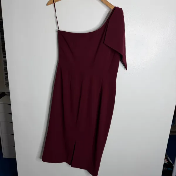 Dress The Population Tiffany One-Shoulder Midi Dress Burgundy XL Quiet Luxury‎ - Image 3