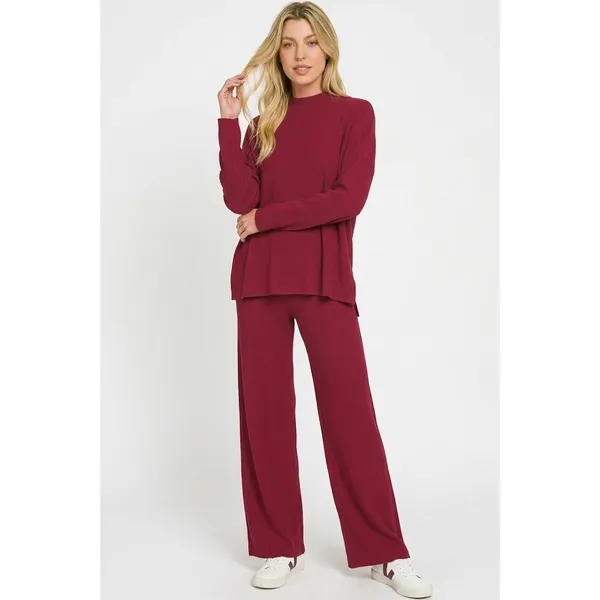 Zenana Viscose Sweater Top & Pants Set - Cabernet - Large - Image 3