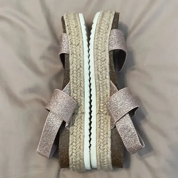 Madden girl size 8.5 pink & gold sparkly jute wedge comfy stylish sandals GUC - Image 7