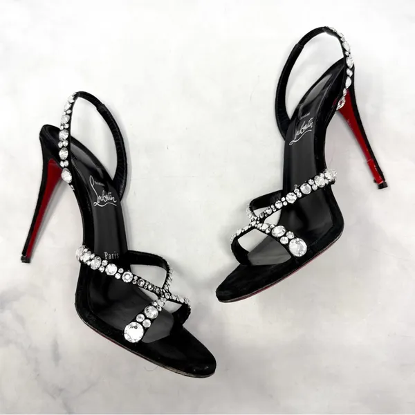 Christian Louboutin Emilie Strass 100 Embellished Strappy Sandal Heels Black 38 - Image 8