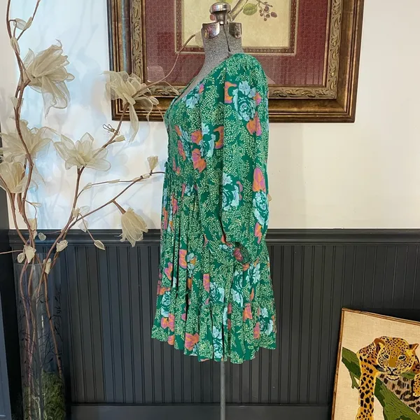 Free People Endless Summer Picnic Emerald Green Floral Boho Mini Dress - Sz S 🧡🎀 - Image 7