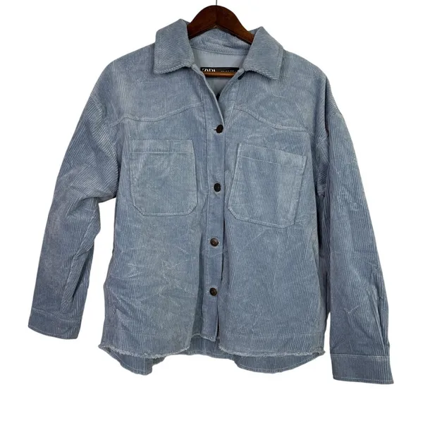 Zara Oversized Long Sleeve Corduroy Shacket Raw Hem Button Down Jacket M Blue - Image 14