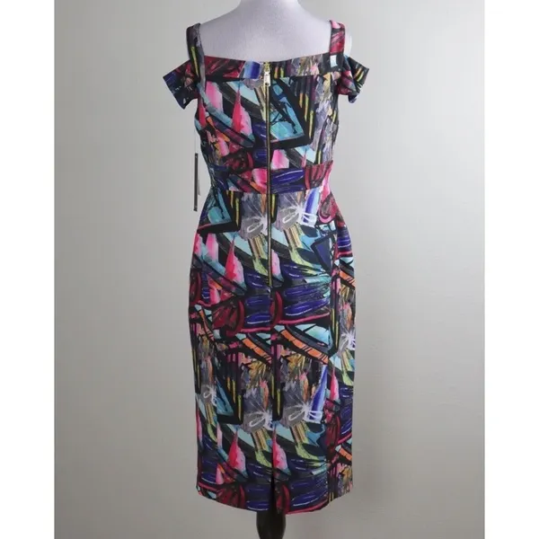 NICOLE MILLER New York NWT‎ $128 Abstract Art Print Cold Shoulder Dress Size 10 - Image 4