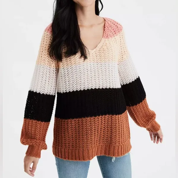 American Eagle Adorable‎ Chunky Knit Oversized V Neck Sweater Multicolor - Image 5