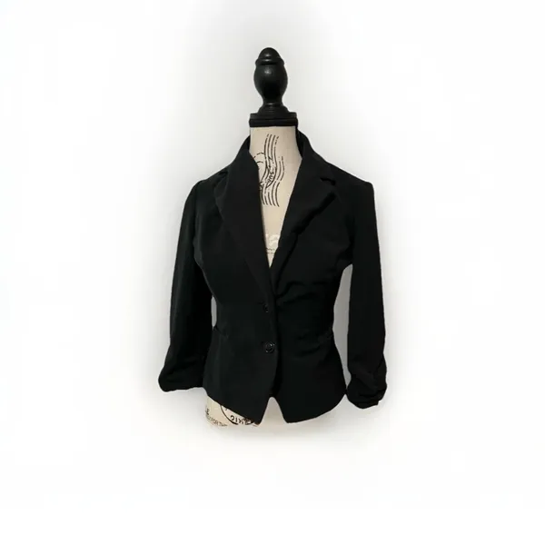 Vintage Y2K Black Blazer Jacket Fitted Ruched Sleeve Office Siren Goth Size 4 - Image 2