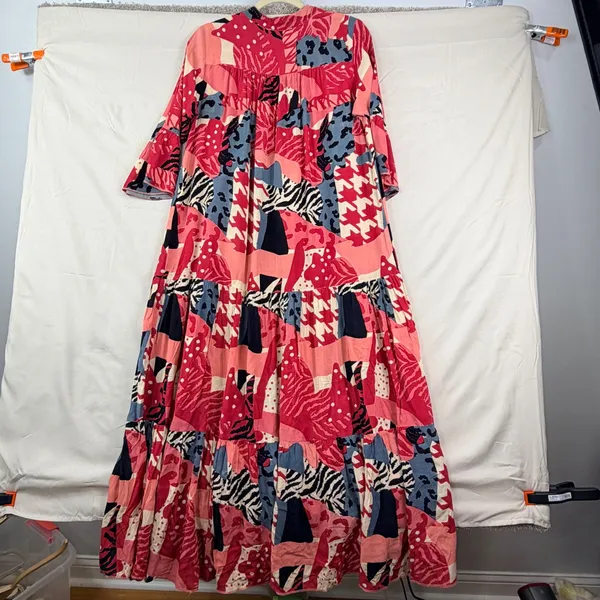 Zury Maxi Dress Womens OSFM Pink Mixed Print Tiered Boho Artsy Bell Sleeve Flowy - Image 2