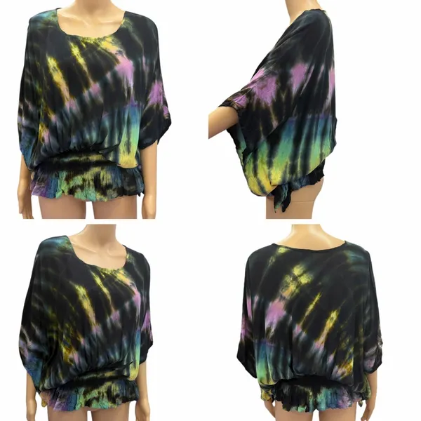 Womens Tie Dye Batwing Elastic Waist Lightweight Blouse Size Small to Medium - Image 4