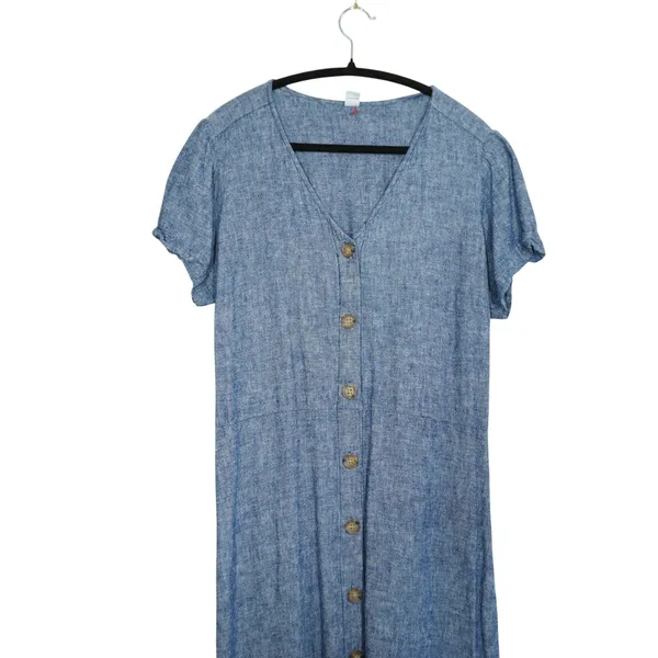 Old Navy Women's Blue Linen Blend Button Front V-Neck Short Sleeve Midi Dress - Image 2