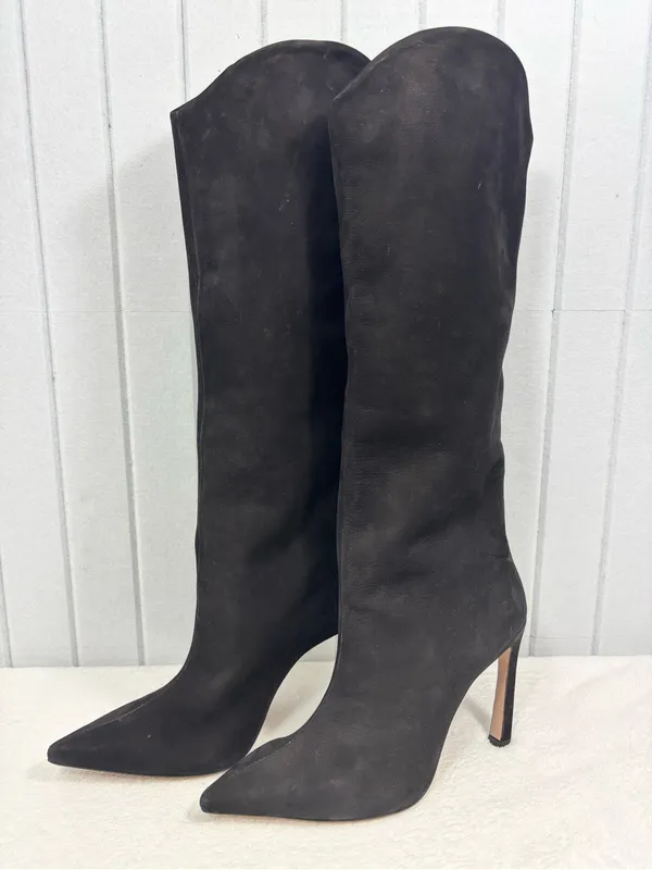 SCHUTZ Black Suede MARYANA SCULPT LEATHER BOOT Pointed Stiletto Boots Size 9B - Image 4