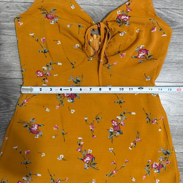 re:named Mustard Yellow Midi Dress Size M Floral Ruffle Sweetheart Keyhole Tie - Image 8