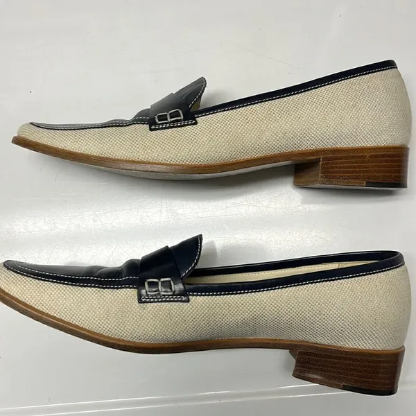 Brooks Brothers Beige Navy Twill and Leather Classic Slip-On Loafers- Size 8 - Image 13
