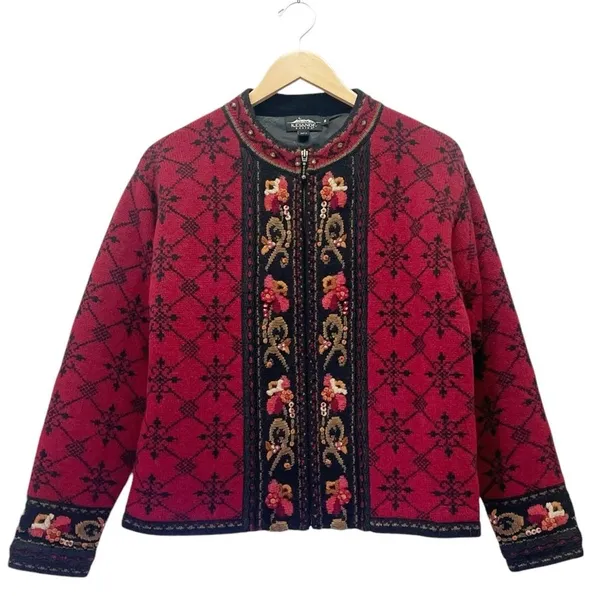 Icelandic Design Wool Cardigan Sweater M Red Nordic Embroidered Floral Full Zip - Image 2
