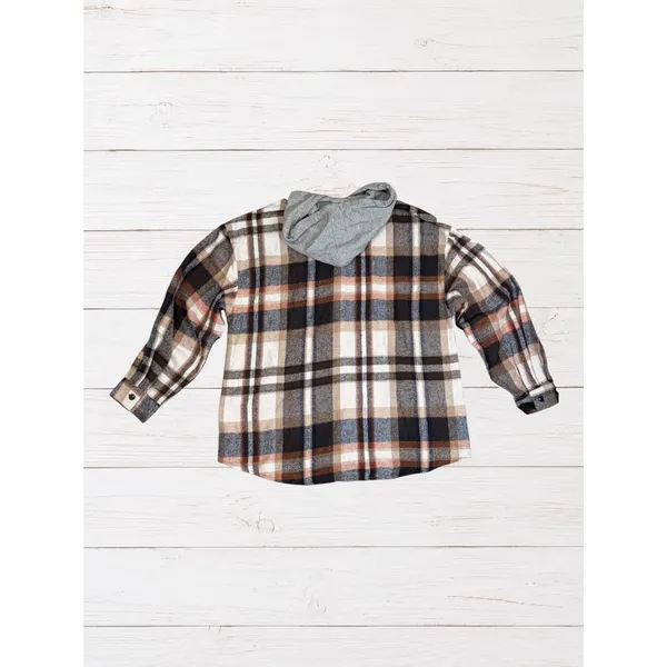 Cabincore Plaid Hooded Shacket Brown Cream Button Front Cozy Rustic L NWT - Image 3