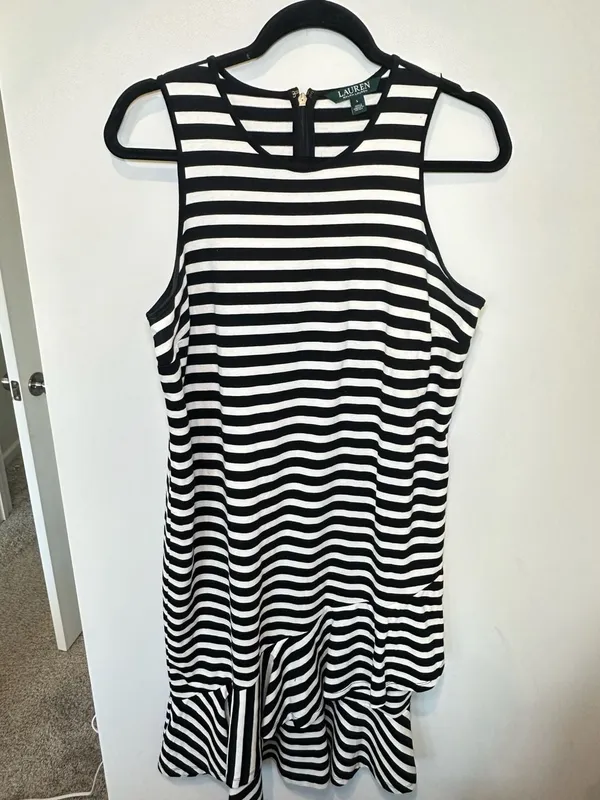 100% Cotton Ralph Lauren Women's Striped Asymmetrical Flounce Dress Blue White L - Image 8