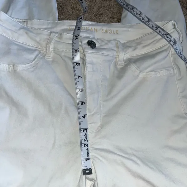 American Eagle White Distressed High-Waisted Jeans with Frayed Hem size 14 - Image 4
