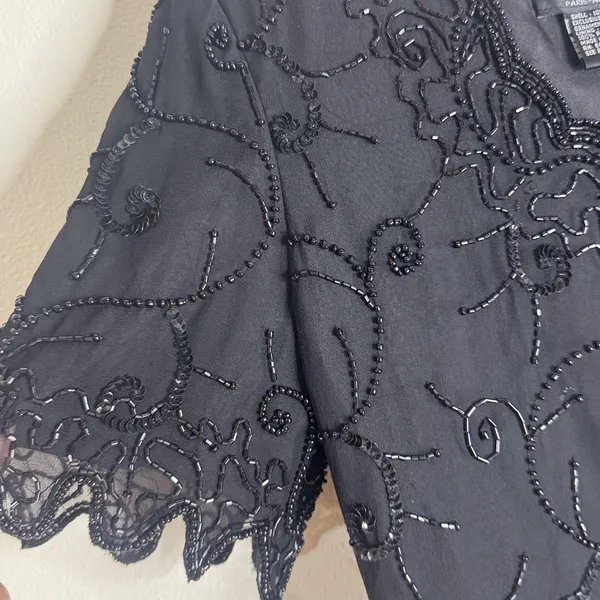 Laurence Kazar Beaded Silk Blouse Womens Small Black Short Sleeve Evening Top - Image 4