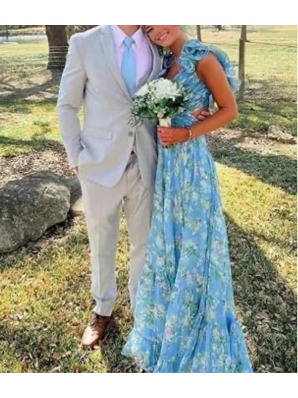 Mac Duggal Blue Ruffle Tiered Floral Cut-Out Chiffon Gown 6 Fairy Whimsy Formal - Image 7