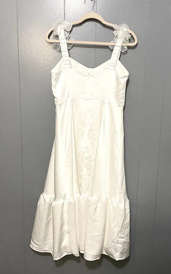 NWOT Lulus Divinely Charming White Satin Floral Applique Bustier Midi Dress M - Image 5