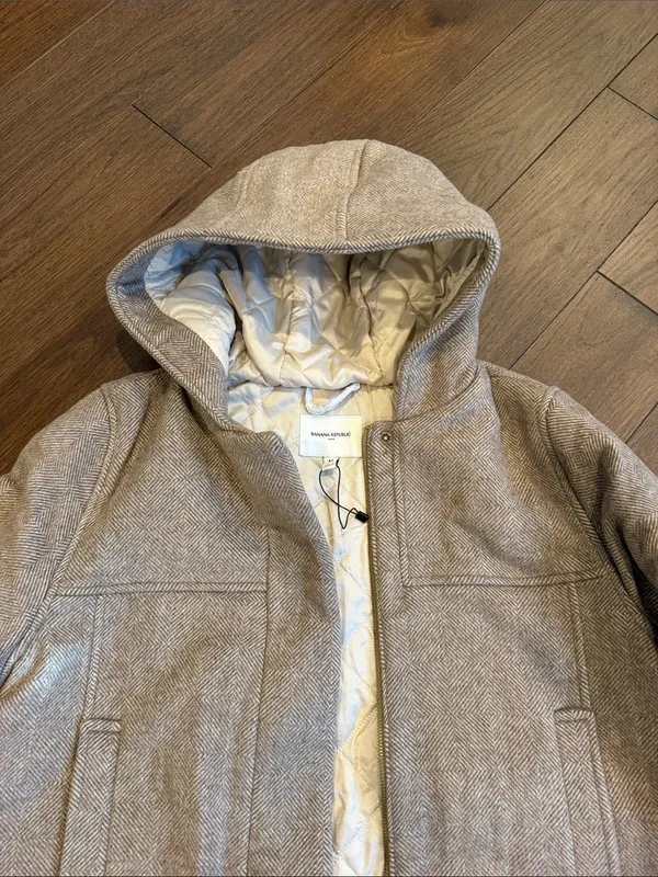 Banana Republic Melton Hooded Jacket - Taupe Herringbone Medium Petite - C42-020 - Image 3