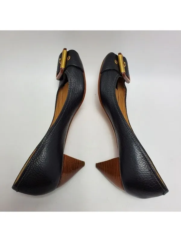 Chloe Leather Buckle Peep Toes Kitten Heels Slip On Pumps Size 37 Black - Image 10