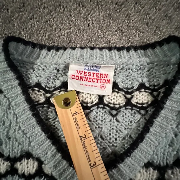 Western Connection‎ Sweater Womens Medium Blue Vintage 80s Popcorn Knit V-Neck - Image 4