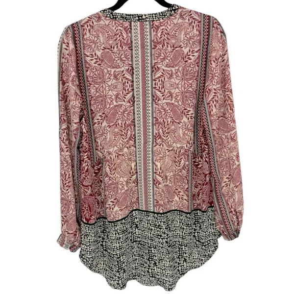 DR2 Women's Tunic Top Size Medium‎ Pink Black Paisley Boho Tassel V-Neck - Image 4