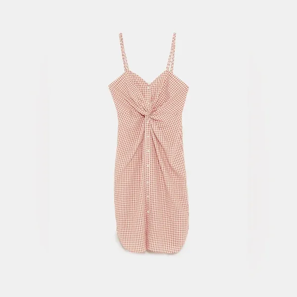 Zara Gingham Knot Midi Dress, Soft Orange and White Size Medium - Image 3