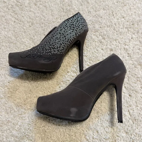Ed Hardy NYE Silver Embellished Signature Light Brown Suede Heels Booties 8 - Image 3