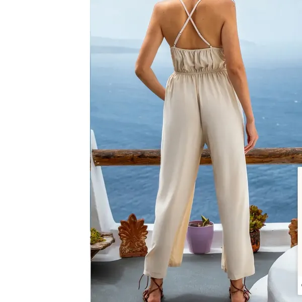 Cupshe Neutral Tie Waist Wide-leg Jumpsuit Beige Semi-sheer Size Large NWT - Image 2