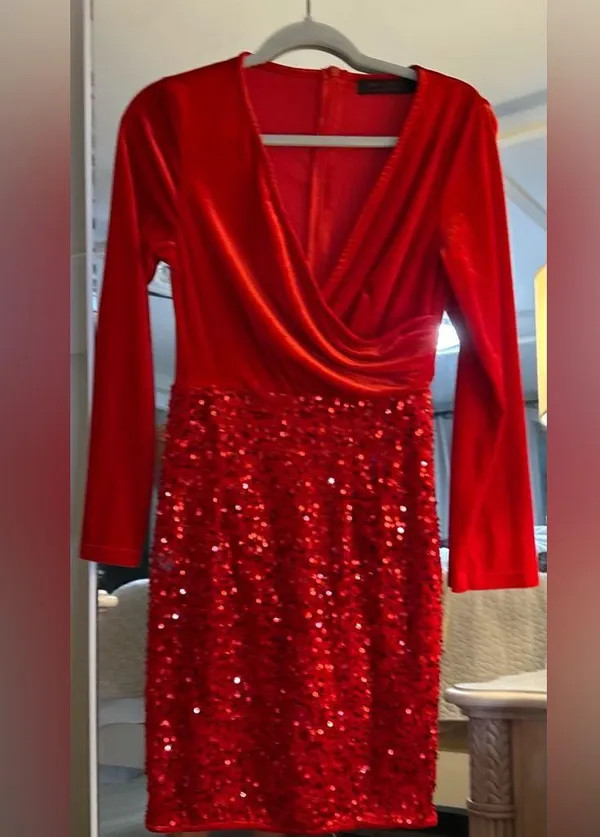 NEW Velvet Sequin V Neck Long Sleeve Winter Dress Holiday Christmas Dress S - Image 4