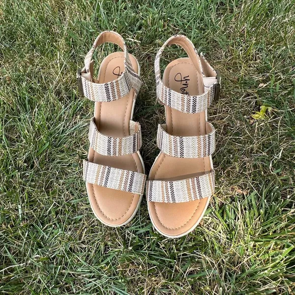 Y Not Bea Strappy Wedge Textured Sandals Womens 9 Natural Stripes Boho Platform - Image 3