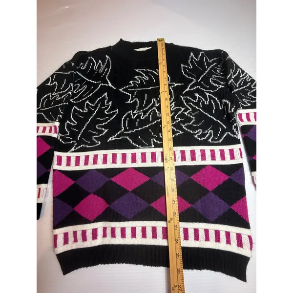 Vintage Cabin Creek Sweater Womens‎ Medium Black Leaf Argyle Knit Pullover - Image 2