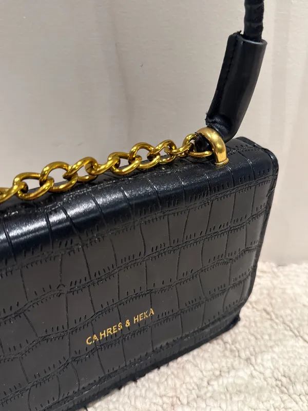 Black Croc Embossed Mini Crossbody Bag Gold Chain - Image 3