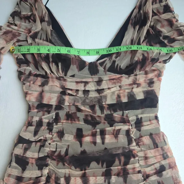 Zara NWT Brown Ruched Tulle Mesh Tie‎ Dye V-Neck Mini Dress Long Sleeve Small - Image 7