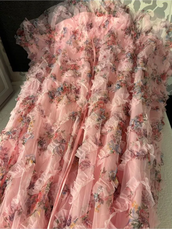 Feariesty Pink Floral Ruffle Strapless Formal Dress - Image 3
