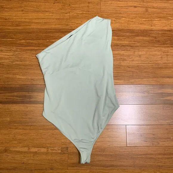 Zara Bodysuit Womens Medium Mint Green One Shoulder‎ Ruched Sleeveless Top Tank - Image 2