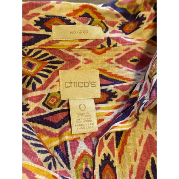 Chicos‎ Womens Size 0 Linen No Iron Button Up Shirt 3/4 Sleeve Aztec Colorful - Image 3