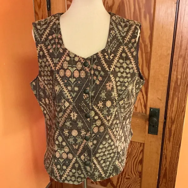 Vintage Tapestry Vest | Floral Geometric Button Front | Women’s Large - Image 9