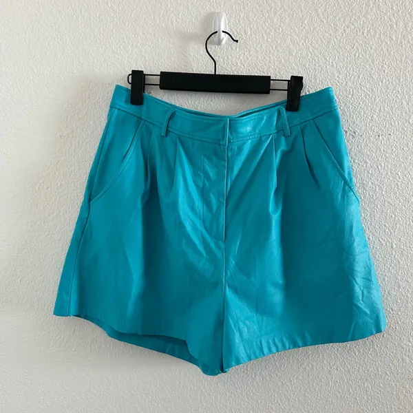 Amanda Uprichard Faux Leather Teal High Waisted Jane Shorts - Image 2