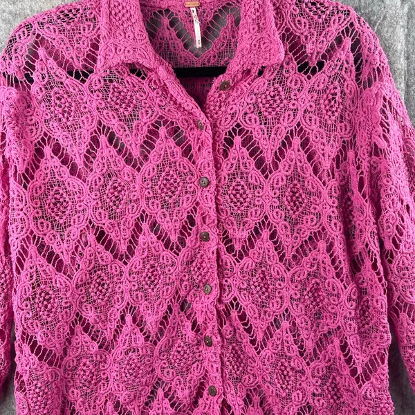 FREE PEOPLE Women’s Size Medium Until Sundown Shirt Cover-Up Boho Pink Crochet‎ - Image 2