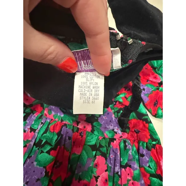 Vintage Simi Girls Floral Velvet Trim Party Dress Red Purple Green‎ Size 6X USA - Image 4
