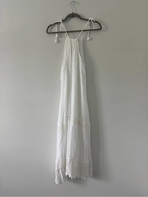 Old Navy White Cotton Sleeveless Tie Strap Crochet Trim Swing Maxi Dress M - Image 5