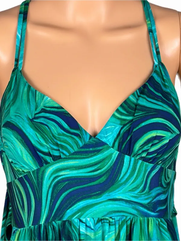 BISOU BISOU Green Navy Blue Tropical Swirl Print Empire Waist Maxi Dress Size 16 - Image 3