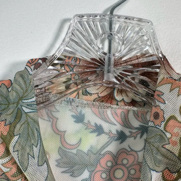 Retro Floral Mesh Mock Neck Cropped Top Long Bell Sleeve 70s Style Boho Festival - Image 3