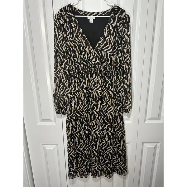 Sofia Vergara Dress XL Black Tan Zebra Smocked Empire Waist Metallic Chiffon - Image 2
