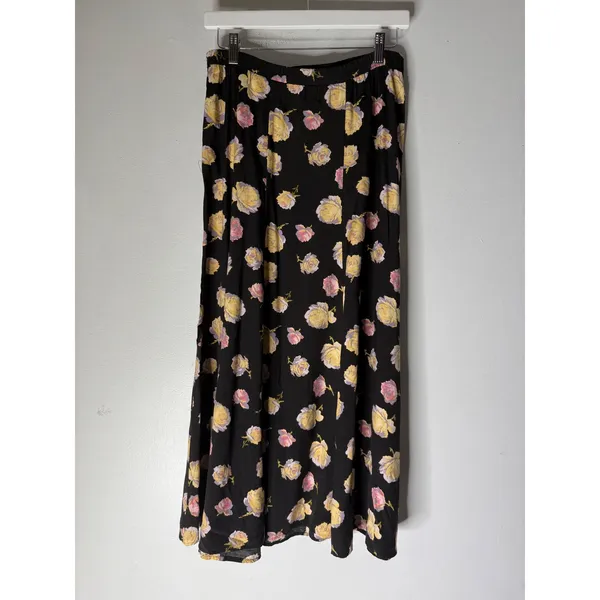 Croft & Barrow Vintage Floral Rose Midi Skirt Black Rayon Button Side Small - Image 2