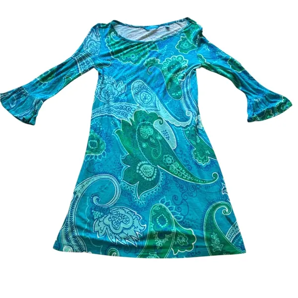 Tori Richard Honolulu XXS Blue Green Paisley Tunic Dress Bell Sleeve Stretch - Image 11